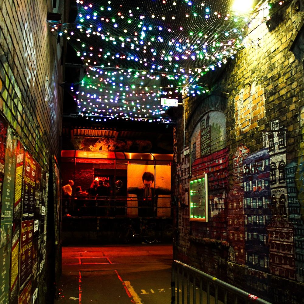 Colored lights decorating the street