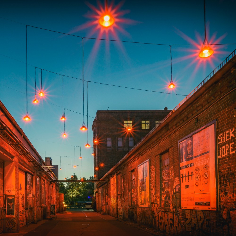 Urban lights at sunset on a street in Berlin